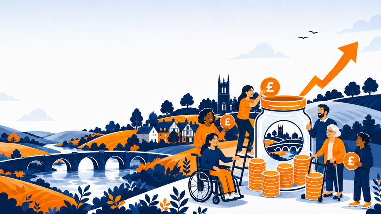 Winning West Worcestershire Fund graphic showing a fundraising jar, coins, an upward arrow and West Worcestershire countryside.