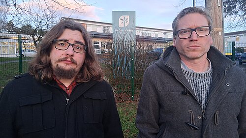 Cllrs Matt and Dan outside Vale School